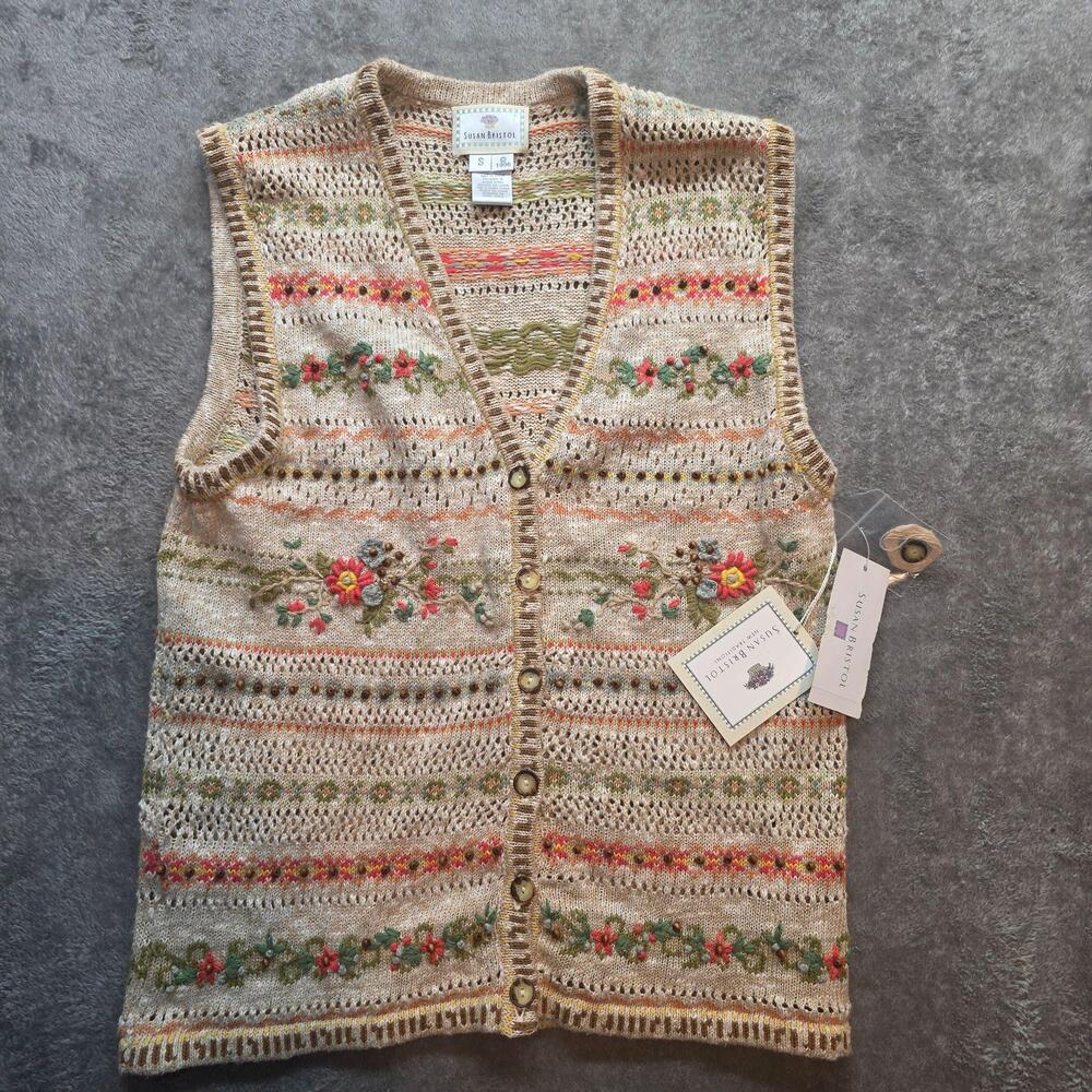 Vintage Susan Bristol Sweater Vest Womens Small Beige Floral Beaded Knit
